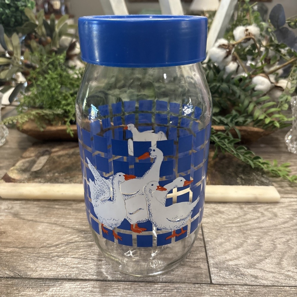 Vintage Carlton Glass USA 3 Liter 3L Canister Goose Geese Blue Check Jug Pitcher